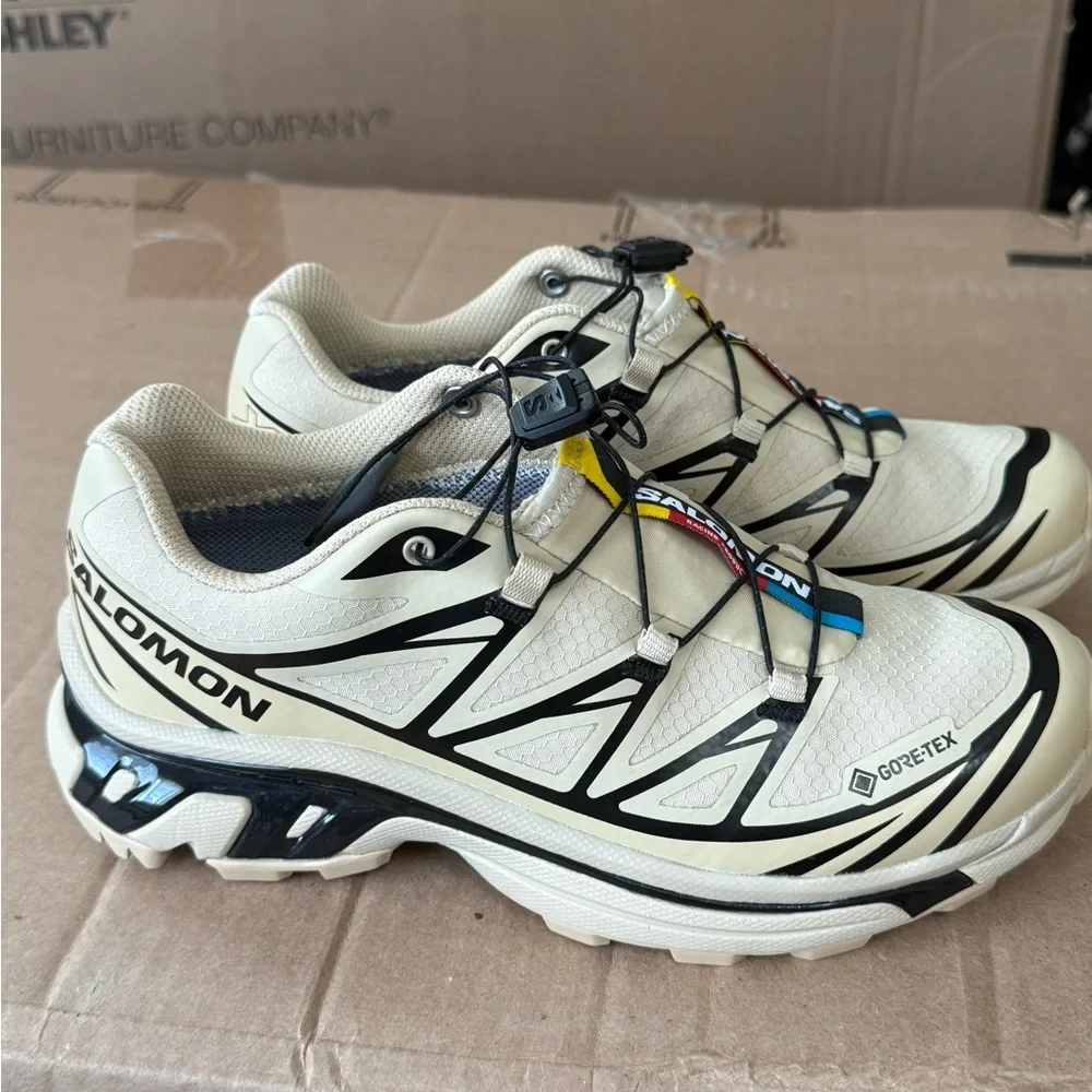 Salomon Men's Beige White Black Athletic Shoes with Yellow & Blue Accents